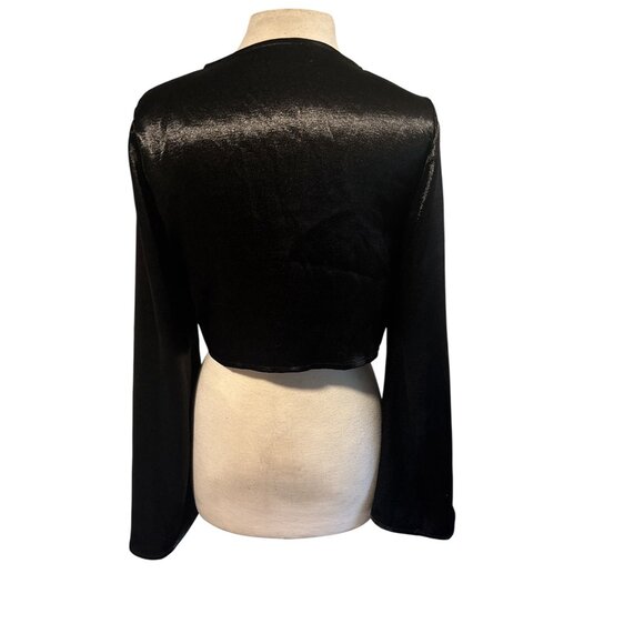 Womens Shiny Black Long Sleeve Button Front Crop Top - Picture 4 of 11